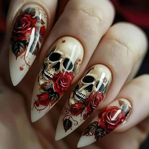 lot 56737 image: Almond Halloween Press on Nails Flower Skull Fake Nails Medium Length Glue on Nails Full Cover Ghost Acrylic Press on Nail Cute Halloween Stick on Nails for Women Manicure DIY, 24Pcs