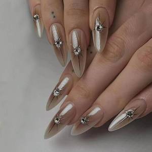 lot 56739 image: Brown Ombre Nail Press ons Medium Almond Fake Nails with Star Diamond Design Reusable Artificial False Nails Stiletto Glue on Nails Glossy Acrylic Full Cover Stick on Nails for Women Girls Manicure
