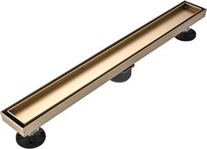 lot 56785 image: Linear Shower Floor Drain, Brushed Gold 24 Inch 304 Stainless Steel Bathroom Drains Kit, Rectangular Shower Trench Drain with Reversable Tile-in Pattern Drain Cover & Hair Catcher