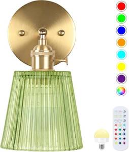 lot 56787 image: Battery Operated Wall Sconce,Vintage Battery Wall Light With Remote Dimmable Wireless Wall Sconces With Glass Lampshade Rechargeable, Led Wall Lamp Fixtures For Bedroom, Living Room (Stripe Green)