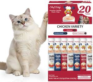 lot 2055 image: Cat Treats Lickable  Grain-Free Cat Food Toppers, High Protein  Creamy Puree Squeeze Ups with Vitamin E & Taurine, Digestible Formula  0.5 oz. Each Tube, Chicken Mix Variety  20 Tubes