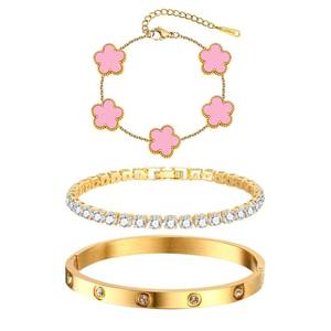 Womens Stackable Floral Gold Bracelets - 3Pcs 18K Gold Plated Bracelet,Stainless Steel Bangle Bracelets Non Tarnish, Bracelet Set Trendy Jewelry,Christmas Valentines Birthday Gifts for Girlfriend