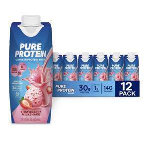lot 2555 image: Pure Protein Strawberry Protein Shake, 30g Complete Protein, Ready to Drink and Keto-Friendly, Vitamins A, C, D, and E plus Zinc to Support Immune Health, 11oz Bottles, 12 Pack (EXP JAN.24.26)