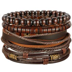 lot 2561 image: Jstyle 4Pcs Braided Leather Bracelet for Women Mens Cuff Bead Bracelet Set Adjustable Brown