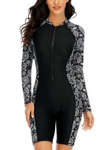lot 2567 image: Halcurt Womens Boyleg One Piece Rash Guard with Built in Bra Zip Front UPF50 Long Sleeve Full Body Surfing Swimsuit Black Paisley M