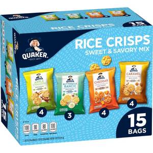 lot 2568 image: Quaker Sweet & Savory Mix Gluten Free Popped Rice Crisps Variety pack - 12.02oz15ct