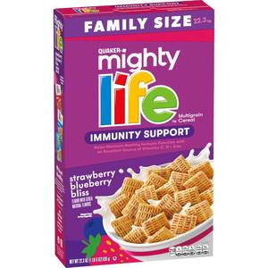 lot 2627 image: Quaker Mighty Life Multigrain Cereal, Strawberry Blueberry Bliss, Immunity Support, 22.3 Oz Family Size