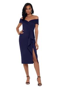 lot 2647 image: Xscape Knee Length Off-The-Shoulder Scuba Side Slit Dress, Midnight Navy Blue, 16
