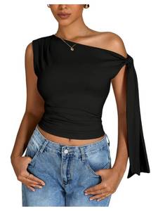 lot 2715 image: Milumia Womens Ruched One Off The Shoulder Tank Tops Asymmetrical Neck Tie Shoulder Going Out Top Black X-Small