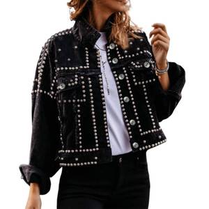 lot 2729 image: Omoone Womens Long Sleeve Rivet Studded Denim Jacket Casual Washed Short Jean Coat Western Outfits(2140-Black-XL)