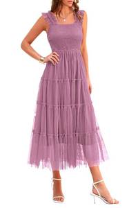 lot 2747 image: PRETTYGARDEN Womens Summer Midi Tulle Dress Sleeveless Smocked Square Neck Ruffle Flowy Party Wedding Guest Sundress (Grey Purple,Medium)