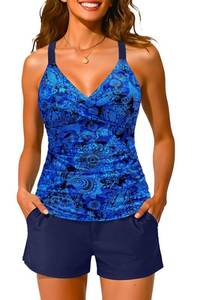 lot 2787 image: Yonique Women Underwire Tankini Swimsuit with Shorts - Two Piece Tummy Control Bathing Suit 2025 Swimwear with Pockets Blue Paisley XXL