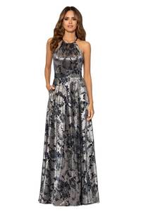 lot 2811 image: Betsy & Adam Womens Long Sleeveless Halter Metallic Print Wrap Overlay Gown, NavyGunmetal, 14