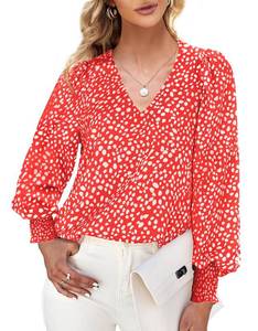 lot 2828 image: Teurkia Womens V Neck Tops Long Sleeve Floral Print Chiffon Blouses Casual Loose Tunic Shirts