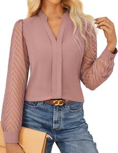 lot 2837 image: Womens Tops Dressy Casual Lace Long Sleeve Blouses V Neck Business Work Shirts Office Clothes Trendy Fall Outfits 2025, Dusty Pink, Large