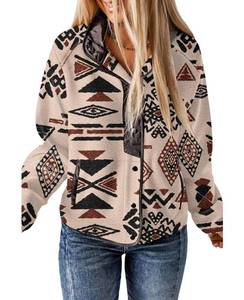 lot 2838 image: SELINK Womens Fleece Jacket Western Aztec Print Long Sleeve Snap Button Down Shacket Jackets with Pockets Deep Khaki-S