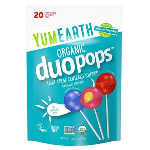 lot 2843 image: YumEarth Organic Duo Pops, Lollipops with Fruit Chew Centers - Allergy Friendly (Top 9 Free), No Artificial Dyes, Non GMO, Gluten Free, Vegan Candy Snacks - Individually Wrapped Pops (20 Count (Pack of 1))