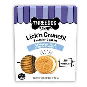 lot 2849 image: Three Dog Bakery Lickn Crunch Golden & Vanilla Sandwich Cookies, Dog Treat, Puppy Cookies with Real Ingredients, Dog Birthday Treat, Training Reward