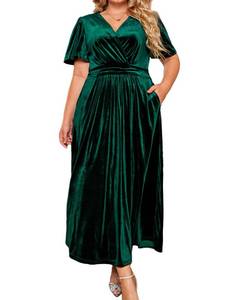 lot 2878 image: BerryGo Womens Plus Size Velvet Formal Dress High Waisted Maternity Maxi Dress Short Sleeve V Neck Slit Dress for Wedding Guest(2XL Dark Green)