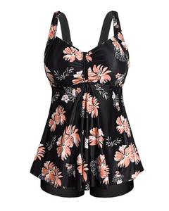 lot 2898 image: Aqua Eve Women Two Piece Plus Size Tankini Swimsuit with Shorts Tummy Control Bathing Suit Flowy Swimwear Orange Floral 14W