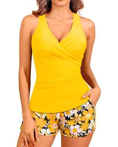 Women Yellow Flowers Tankini Swimsuits with Shorts - Two Piece Tummy Control Bathing Suits Top with Two Pockets Bottom Swimwear L