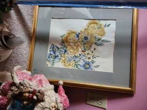 lot 519 image: Gold Framed Yellow and Blue Floral Wall Art