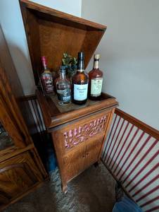 Custom Oak Corner Bar Cabinet with Decorative Panel