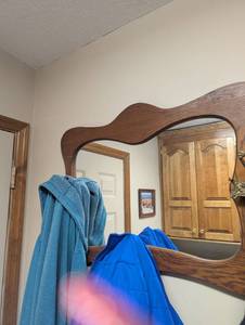lot 718 image: MCM entry mirror with iron coat hooks on both sides and bottom