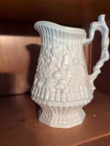 lot 3104 image: White MCM Ceramic Pitcher with Embossed Pattern