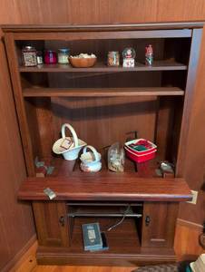 lot 3112 image: Wood Entertainment Center with Pull-Out Shelf and contents