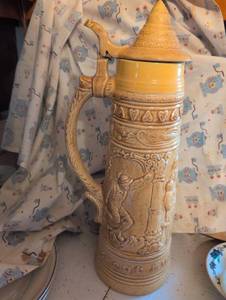 lot 3114 image: German Beer Stein with Medieval Figures 18 inch tall