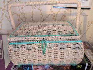 lot 3133 image: Turquoise Wicker Sewing Box with contents