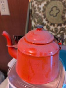 lot 3138 image: Red Enamel Tea Kettle