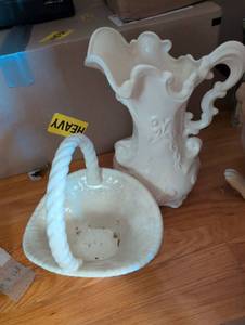 lot 3144 image: White Ceramic Twisted Easter Basket and Large Pitcher