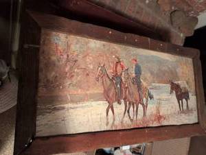 lot 3167 image: Western Horse Riders Oil Painting on Wood Panel