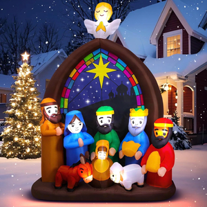 lot 69995 image: 8FT Christmas Inflatables Nativity Scene Outdoor Decorations with LED Lights - Retail $90