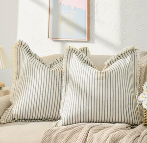 lot 70014 image: Throw Pillow Covers 18x18 Set of 2 Striped Pillow Covers with Fringe - Retail $28