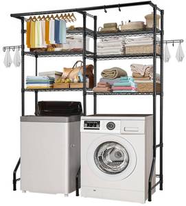 lot 73106 image: VEVOR Over Washer and Dryer Storage Shelves, 6 Tiers Laundry Room Drying Rack with Hanger Rod and Hooks, Two Rows Adjustable Washer Shelves Space Saver, for Laundry Room Storage & Organization, Black