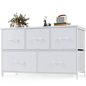 lot 73129 image: KMFurnila Dresser for Bedroom with 5 Drawers, Fabric Dresser with Adjustable Feet, Closet Organizers and Storage with Wooden Top, Chest of Drawers for Living Room, Closet, Hallway, White
