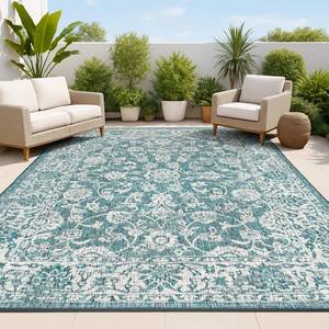 lot 73145 image: JONATHAN Y Weave Floral Indoor Outdoor Area Rug 4X6 TealGray, Tela Bohemian Textured for Backyard, Patio, Porch, Easy-Cleaning, High Traffic, Pet-Friendly, Non-Shedding (SMB100C-4)