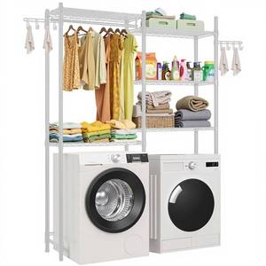 lot 73159 image: VEVOR Over The Washer and Dryer Storage Shelf, 5 Tier Laundry Room Drying Rack with Hanger Rod and Hooks, Adjustable Over Washer and Dryer Shelves, Laundry Room Shelf Storage Space Saver, White
