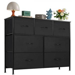 lot 21879 image: OLIXIS 7 Drawers Dresser for Bedroom, Fabric Storage Tower for Living Room, Entryway - Sturdy Steel Frame, Wooden Top & Easy Pull Fabric Bins, Closet Chests Organizer for Clothes, Black