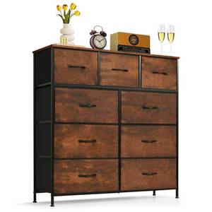 lot 21886 image: 9-Drawer Dresser for Bedroom, Anti-Tip Tall Storage Organizer Chest of Drawers with Wooden Top and Metal Frame Fabric Bins for Closet, Living Room, Hallway, Entryway, Brown