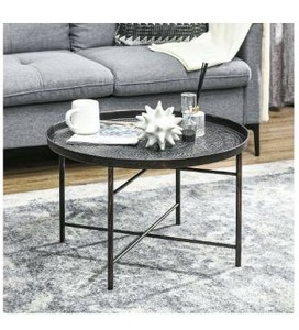 lot 21996 image: HOMCOM 24 Round Coffee Table with Hammered Tray Top, Vintage Metal Center Table for Living Room, Bedroom, Side Table, Pewter LEGS