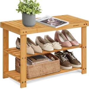 lot 22130 image: SONGMICS Shoe Rack Bench, 3-Tier Bamboo Shoe Storage Organizer, Entryway Bench, Holds Up to 286 lb, 11.3 x 27.6 x 17.8 Inches, for Entryway Bathroom Bedroom, Natural ULBS04N