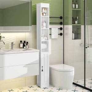 lot 22132 image: VECELO Narrow Bathroom Storage Cabinet with 3 Adjustable Shelves, 71 Tall Freestanding Cabinet with Toilet Paper Holder, Slim Tower Cabinet with Magnetic Door, for Small Spaces, White