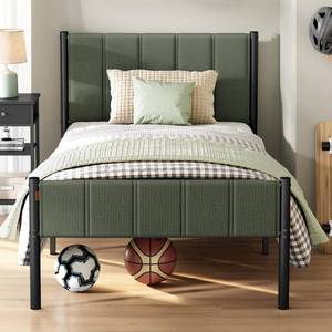lot 22149 image: VASAGLE Twin Bed Frame with Upholstered Headboard, Metal Bed Frame Twin Size with Footboard, 550 lb Weight Capacity, Steel Slats, Easy Assembly, No Box Spring Needed, Forest Green URMB983C01V1