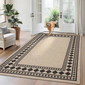 GAOMON Bordered Easy Jute Rug 5x7 Modern Geometric Bedroom Carpet, Stain-Resistant Low Pile Floor Mats, Machine Washable Indoor Outdoor Rug for Living Room, Backyard, Natural