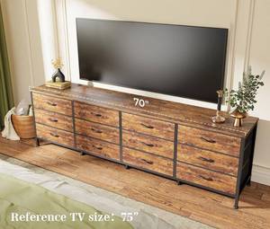 lot 11522 image: Huuger 70 Inch TV Stand for 75, 80 Inch TV, 11 Drawer Long Dresser with Power Outlets and LED Lights, Entertainment Center with Storage, Rustic Brown Dresser with Printed Surface, 1TS011F
