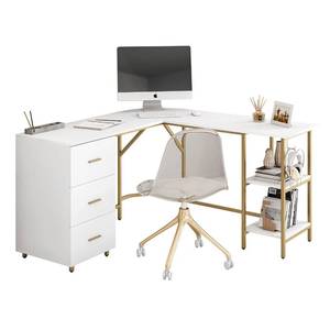 lot 11537 image: Techni Mobili L Shaped Desk - Two-Toned Computer Desk with Drawers & Storage Shelves - Simple Modern Furniture & Home Office Space Corner Table for Work & Writing